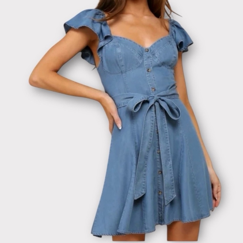 Lulus Sweetest Stance Blue Denim Chambray Dress Bustier Flutter Sleeve, Large